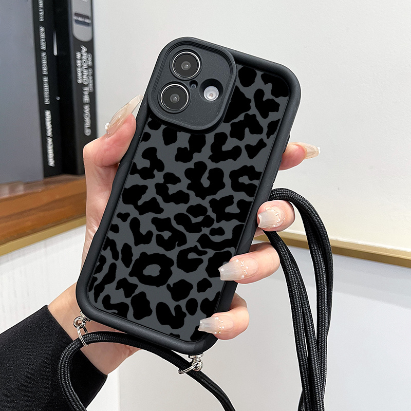 TEMU Fashion Item Black Irregular Pattern Lanyard Phone Case For Iphone 16 15 14 13 12 11 Pro Max Xs Xr 7 8 Se2 Se3 Shell Fj01