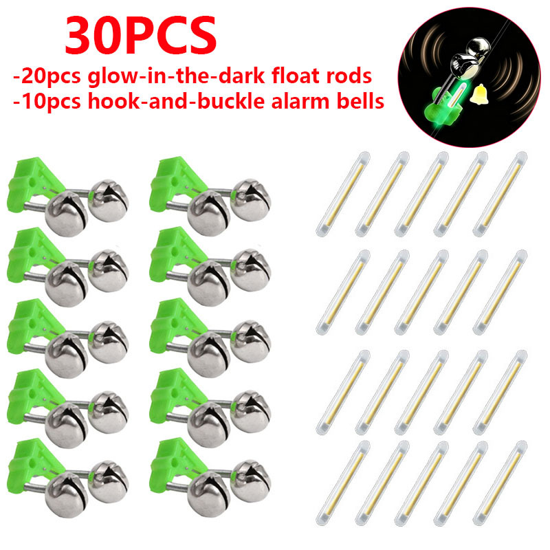 TEMU 30pcs Set Of Luminous Fishing Float Rods And Bite Alarm Bells, Featuring Clip-on Rod Clips, Suitable For Nighttime Sea Fishing And Fresh And