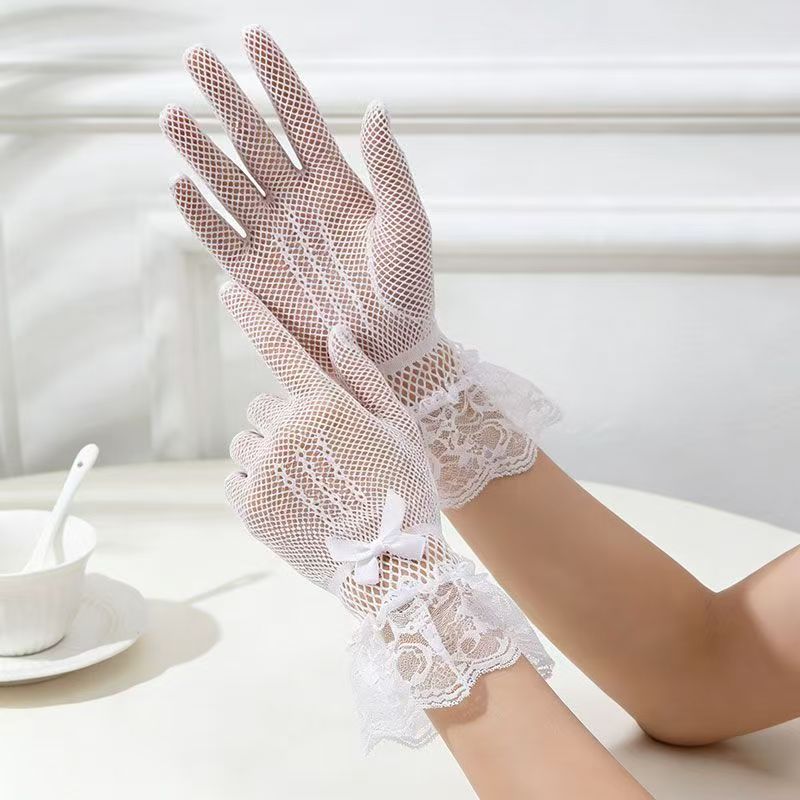 TEMU Festive Christmas Red Mesh Stretch Gloves With Lace Ruffle And , Wedding Toast Attire Accessory, Stage Performance And Party Styling Accessory