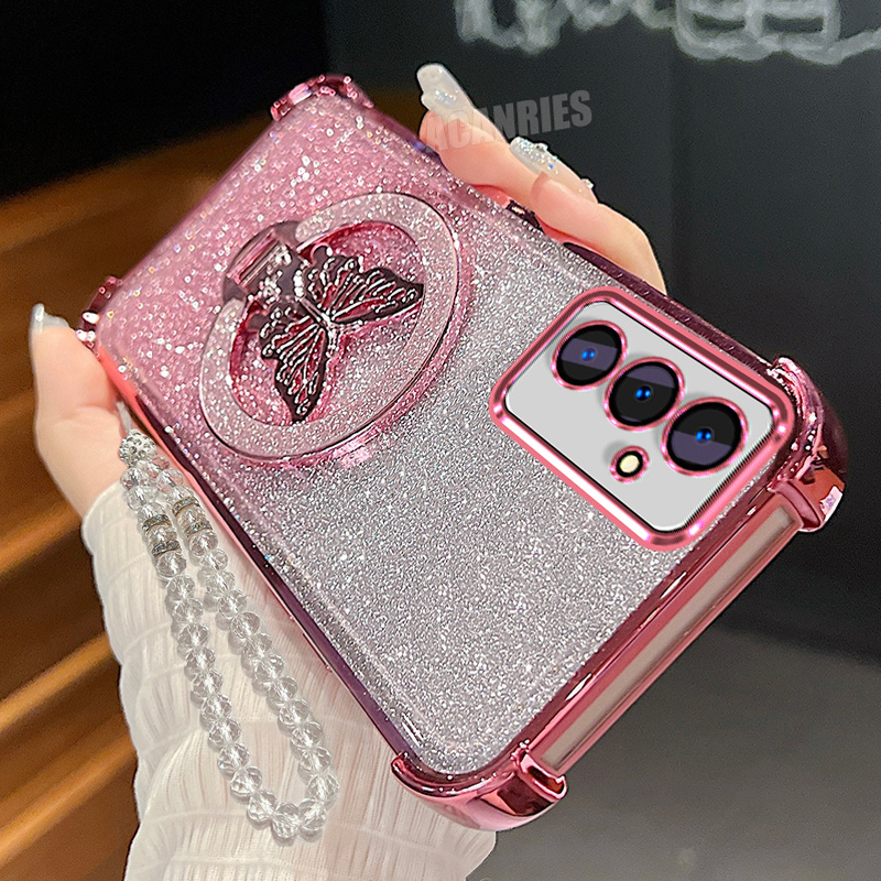 TEMU Phone Case - Clear Lanyard Chain Bracelet Plating Stand Holder Case For For Galaxy A16 Gradient Glitter Shockproof Protection Soft Back Cover
