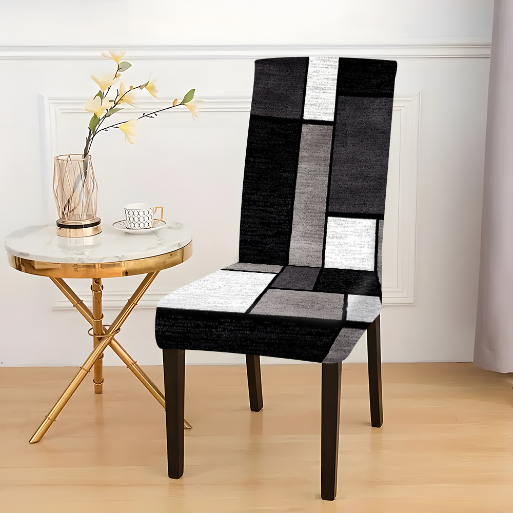 

A Set Of 2/4/6 High-end Chair Covers In A Black, White, And Gray Checkered Patchwork Design, Featuring Chair Back Covers Suitable For All , Ideal For Home Use, Dining Rooms, And Living Rooms.