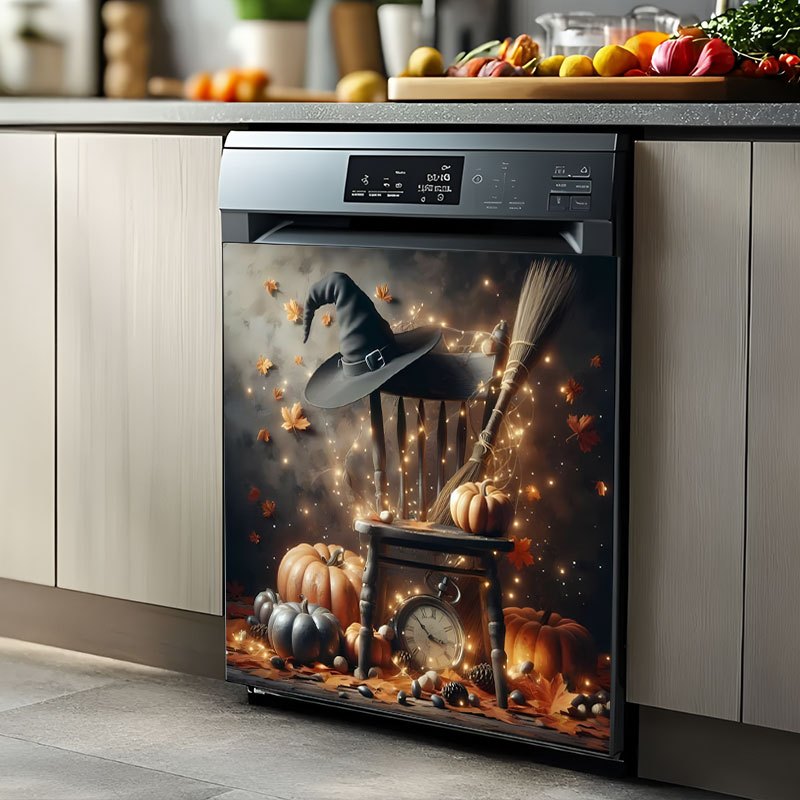 TEMU 2d Flat, 2d Flat Pattern Stickers, Dishwasher Stickers: Halloween Themed Witch Hat And Broom Decoration Stickers, Suitable For Home Dishwasher ,