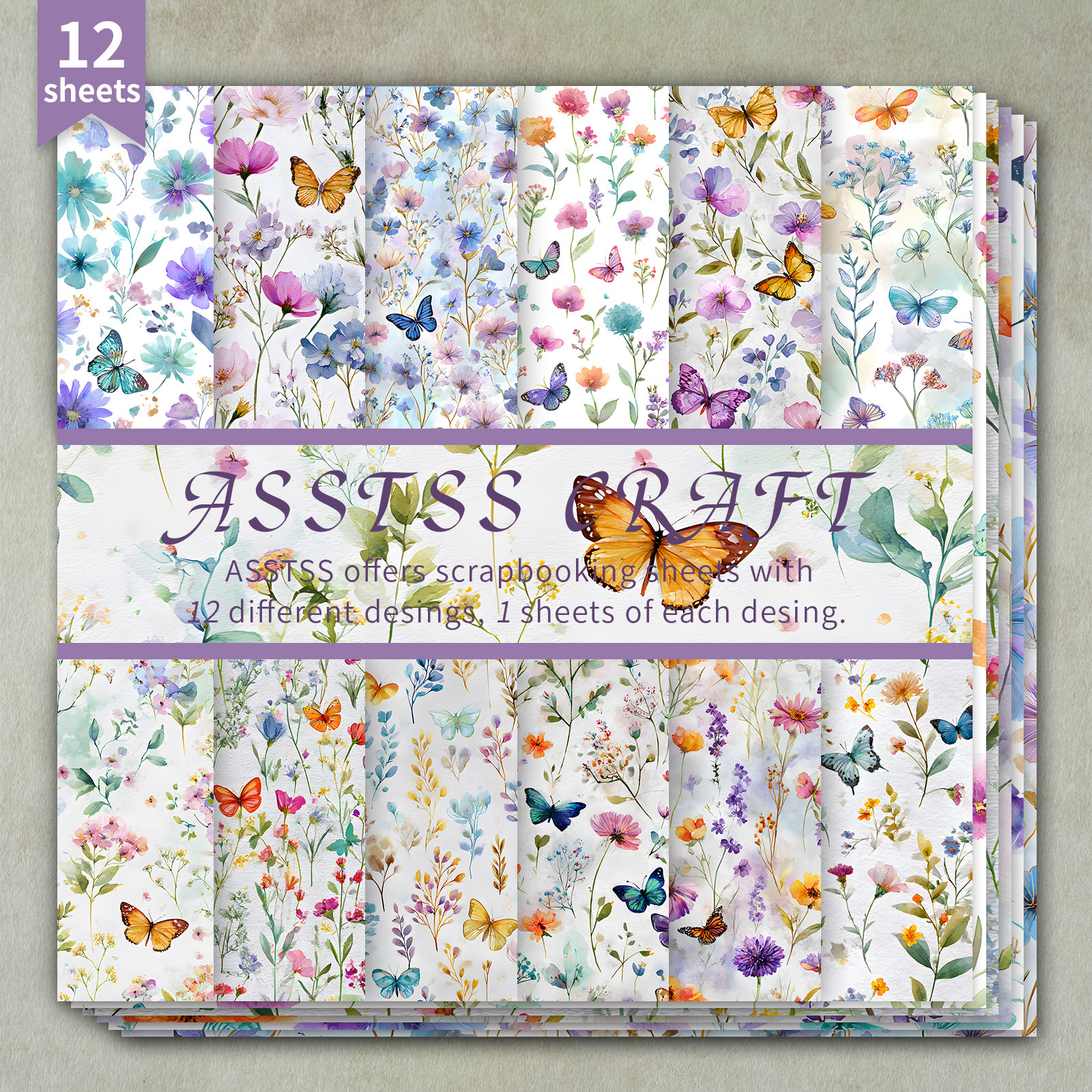 TEMU 12-sheet Asstss 6x6 Inch Scrapbooking Paper Pad, Wildflowers Butterflies Watercolor Style Backing Paper Supplies, Heavyweight Cardstock For
