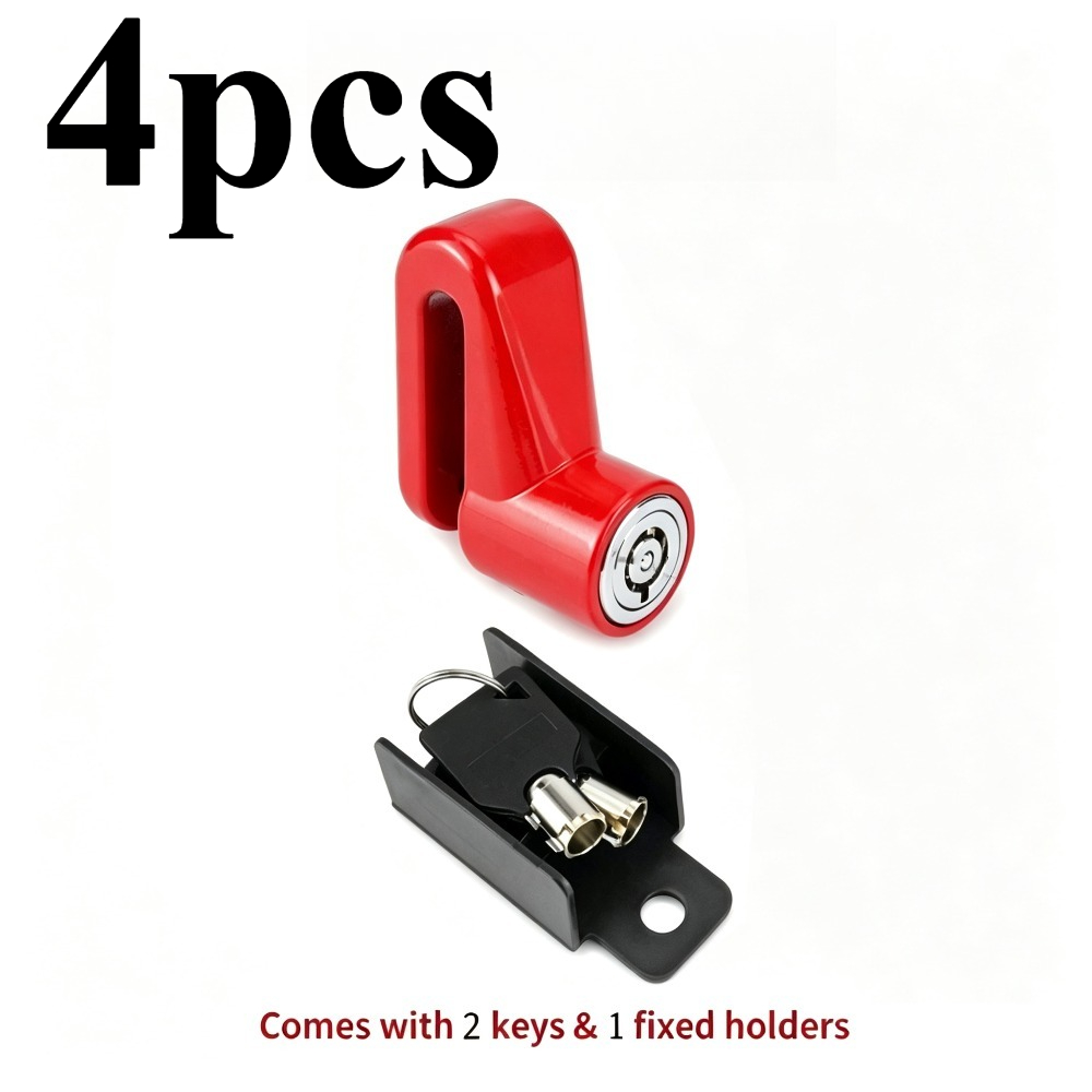 TEMU Motorcycle Disc Brake Anti-theft Lock 4pcs Set, Includes 2 Keys, 1 Mounting Bracket, And Lock, Red Universal Bicycle Scooter Disc Brake Lock