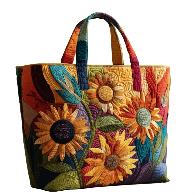 TEMU 1pc Folk Craft Quilted Tote Bag Vivid Multicolored Sunflower Appliqué Embroidery Rainbow Mixed Fabric Large Capacity Botanical Floral Shoulder