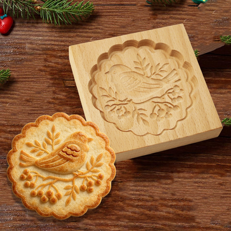 TEMU Vintage Embossed Wooden Cookie Mold Bird Berry Branch Pattern Hand Carved 3d Relief Biscuit Mold, Baking Tool For Fondant Pastry, Kitchen Baking