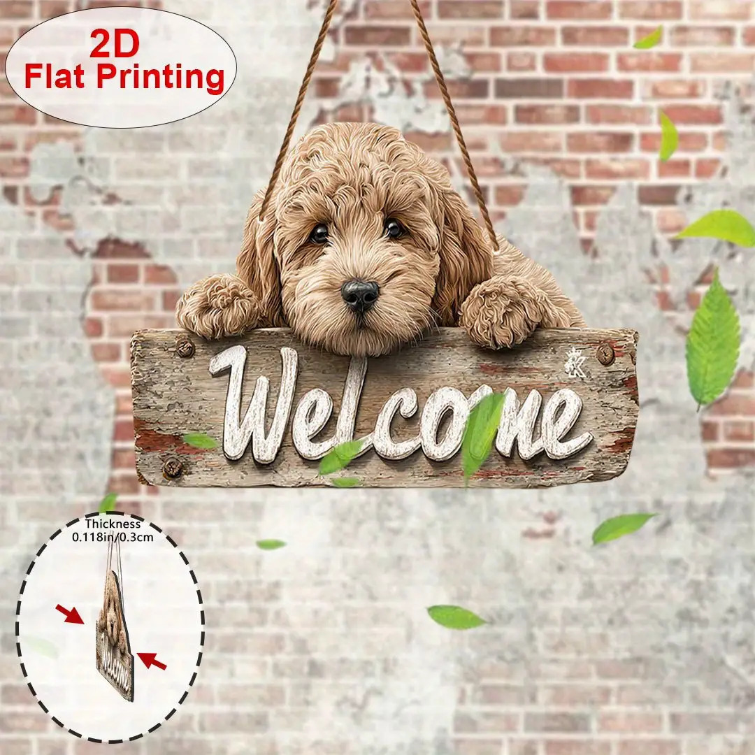TEMU 2d Flat, 1pc Welcome Sign - Cute Roosterapoo Dog Peeking, Retro Country Style Decor - Wood Housewarming Gift, Suitable For Pet Lovers, Porch,
