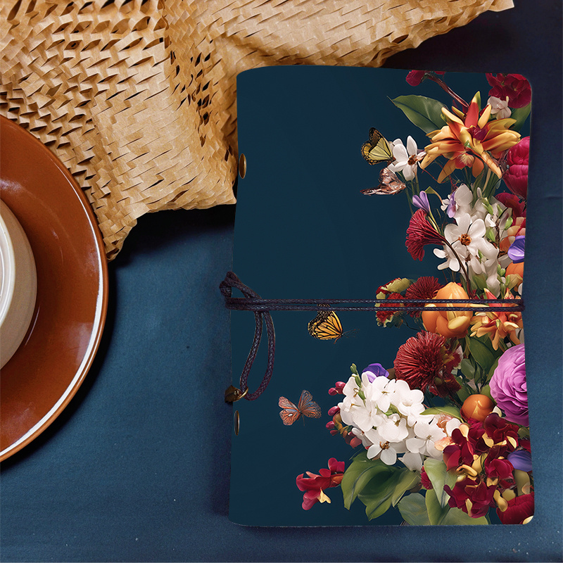 TEMU Personalizable Vintage Pu Leather Bound Journal With Perforated Blanks, Dark Background & Floral Pendants - Short-sized Elegant Cover For Diary,