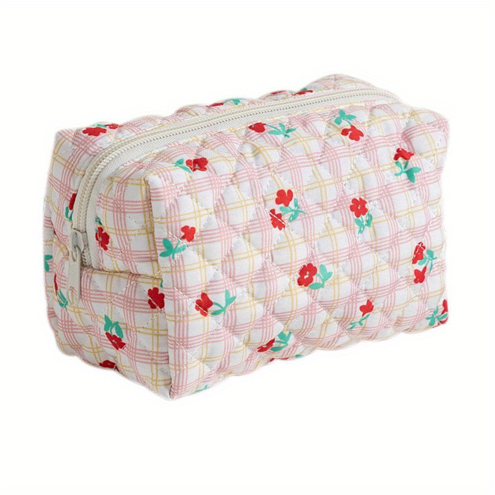 Floral Quilted Travel Cosmetic Bag – Large Capacity, Polyester Organizer for Makeup, Toiletries &amp; More, 16x9x9cm, White with Colorful Floral Patterns, * Daily Use &amp; Business Trips, Makeup Travel Bag