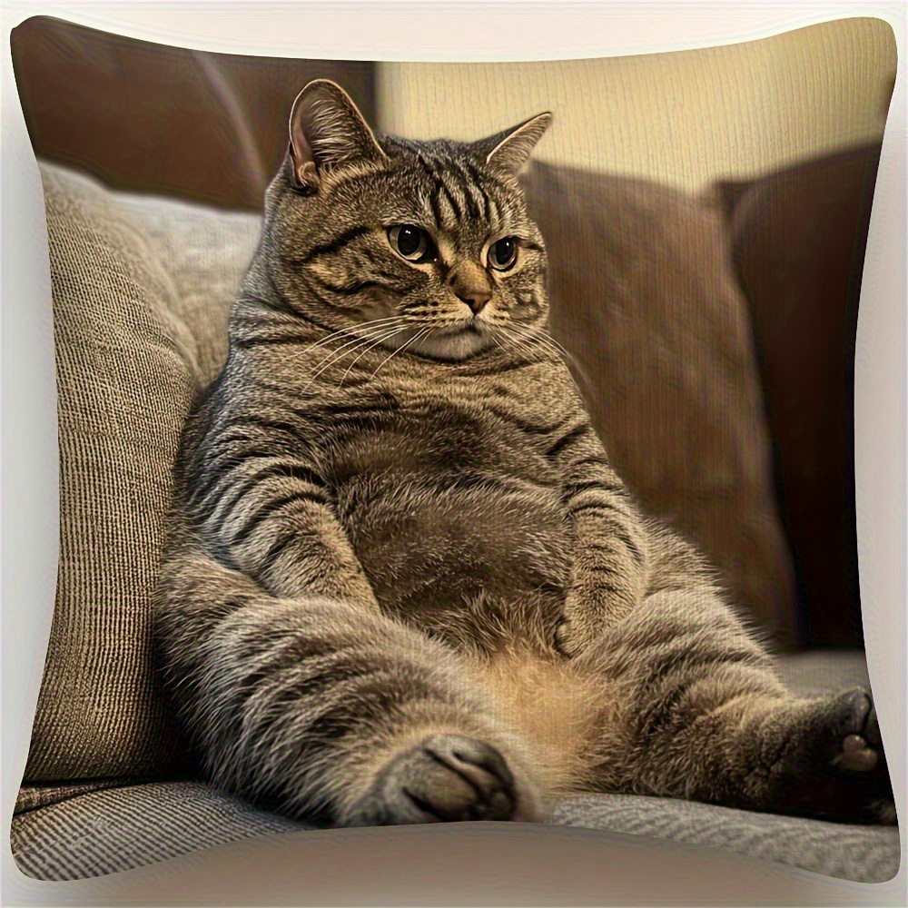 TEMU 2d Flat - Large Fluffy Gray Cushion With A Double-sided Design And Zipper Closure, Featuring A Realistic Sitting Cat Pose. Plush Pillow Is