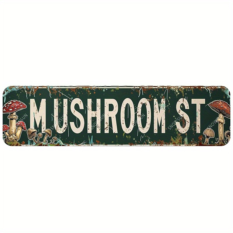TEMU 2d Flat, Vintage Mushroom St Metal Sign - Rustic Distressed Aluminum Wall Art With Whimsical , 16x4 Inch Funny Street Sign For Home Bar Decor,