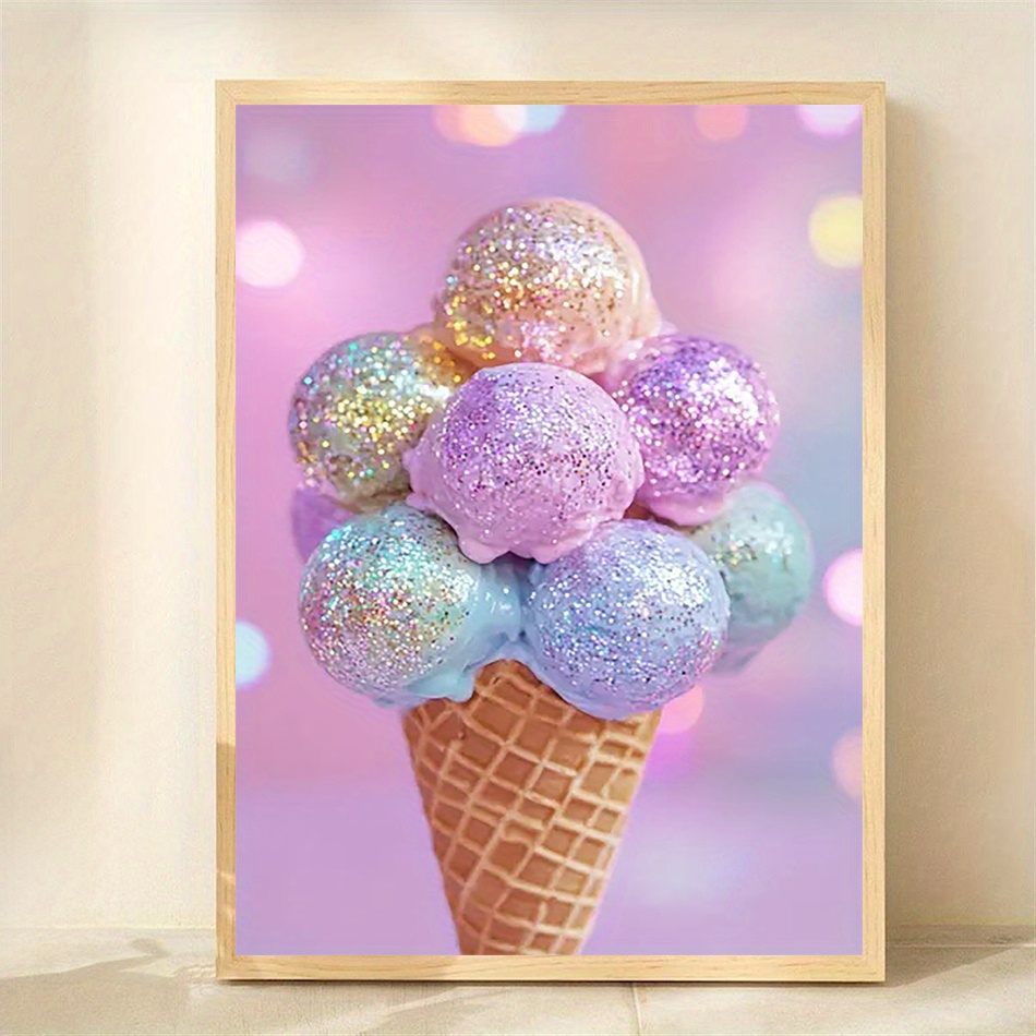 TEMU 2d Flat, 2d Flat, 1pc A Shimmering Ice Cream Cone Canvas Print, Measuring 30.48x40.64 Cm Without A Frame, Featuring A Pastel Glittery Design.