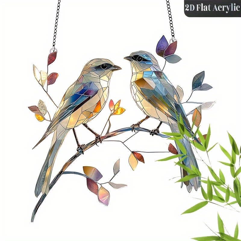TEMU 2d Flat Print Colorful Lovebird Acrylic Sun Catcher - Tar Tree Branch Wall Decoration, With Silver Chain, Perfect For Valentine's Day And Garden