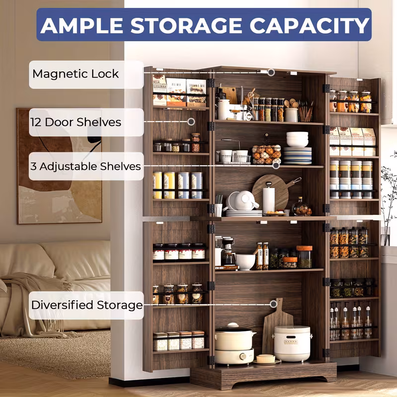 75" Freestanding Kitchen Pantry Storage Cabinet with 4 Barn Doors & Adjustable Shelves