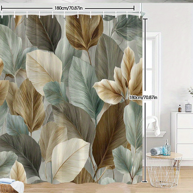 TEMU 1pc Botanical Shower Curtain - Elegant Bathroom Decor With Hooks, Dense Foliage Leaves In Beige, Green, Soft Gray Gradient - Machine Washable