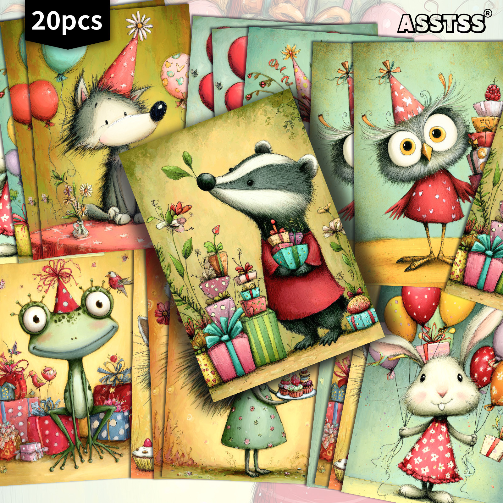 TEMU Set Of 20 Assorted Birthday Animal Postcards - 4x6 Inches, Featuring Retro Junk Journal Materials, Classic Pinup Art, Collectible Decorative