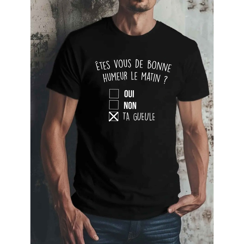 

T-shirt à slogan français pour homme - Col rond décontracté, tissu tricoté % polyester, léger stretch, motif géométrique, coupe standard pour adultes - Haut à manches courtes d'été