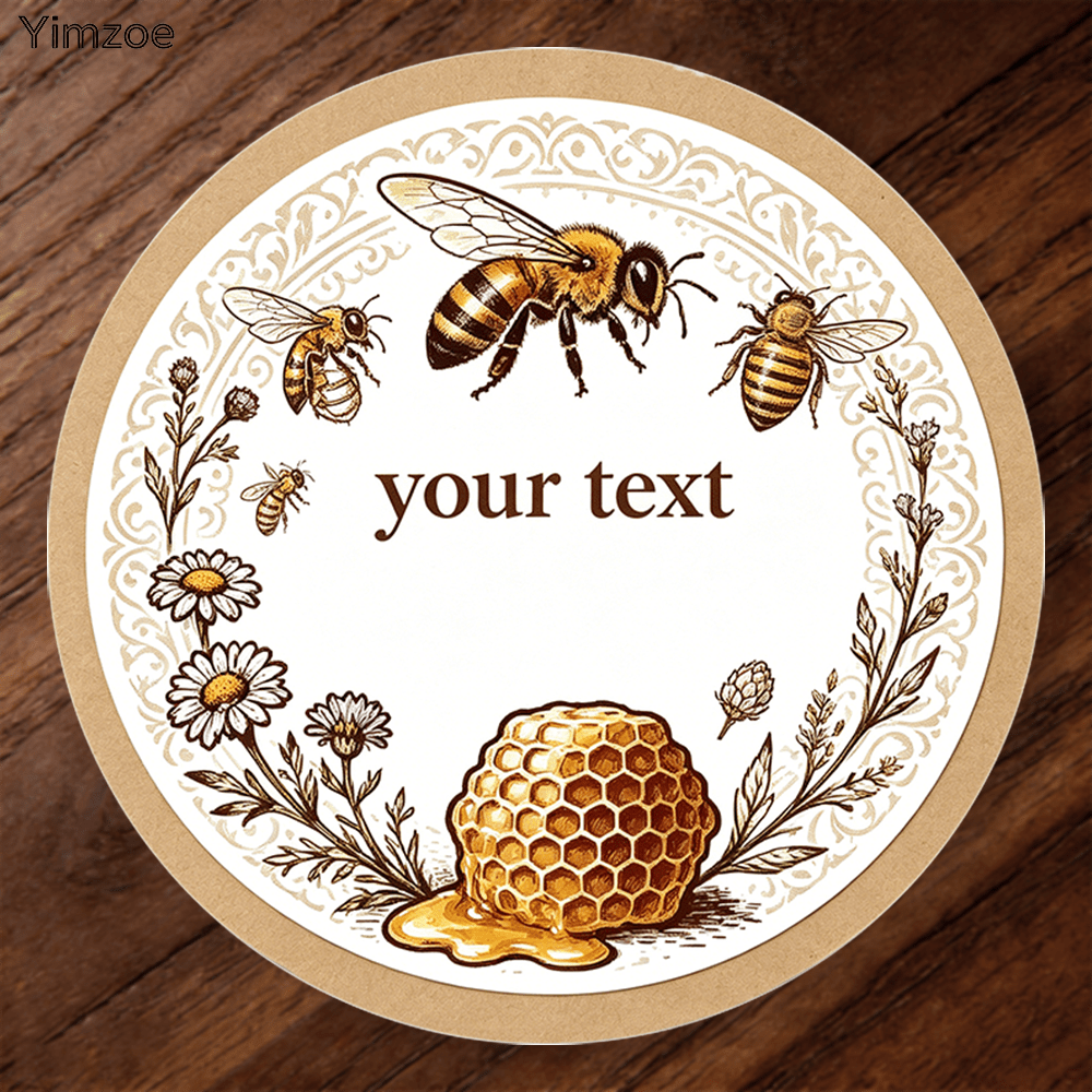 TEMU Yimzoe Customizable Round Stickers, White Rim And Vintage Line Bee Floral Honeycomb Layout, Ideal For Artisanal Honey Can Labeling And Seasonal
