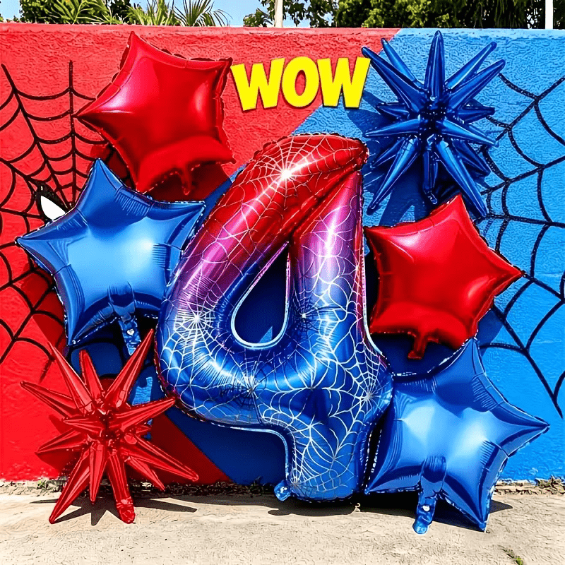 TEMU 7pcs Number Foil Balloon Set, Superhero Theme Red And Set, Suitable For Game Party Decorations, Birthdays, Halloween, Valentine's Day, Weddings,