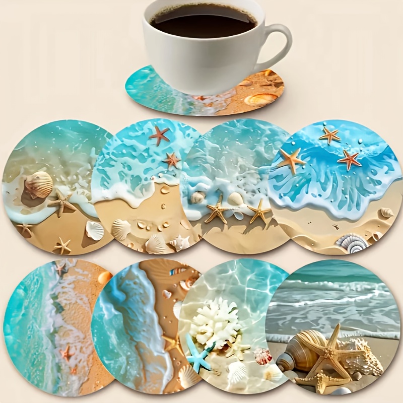 TEMU 8pcs Beach Themed Wooden Coaster Set, Heat Insulating Coasters, Heat-resistant Table Mats, Plate Coasters, Drink Coasters, Non-slip Table Mats,