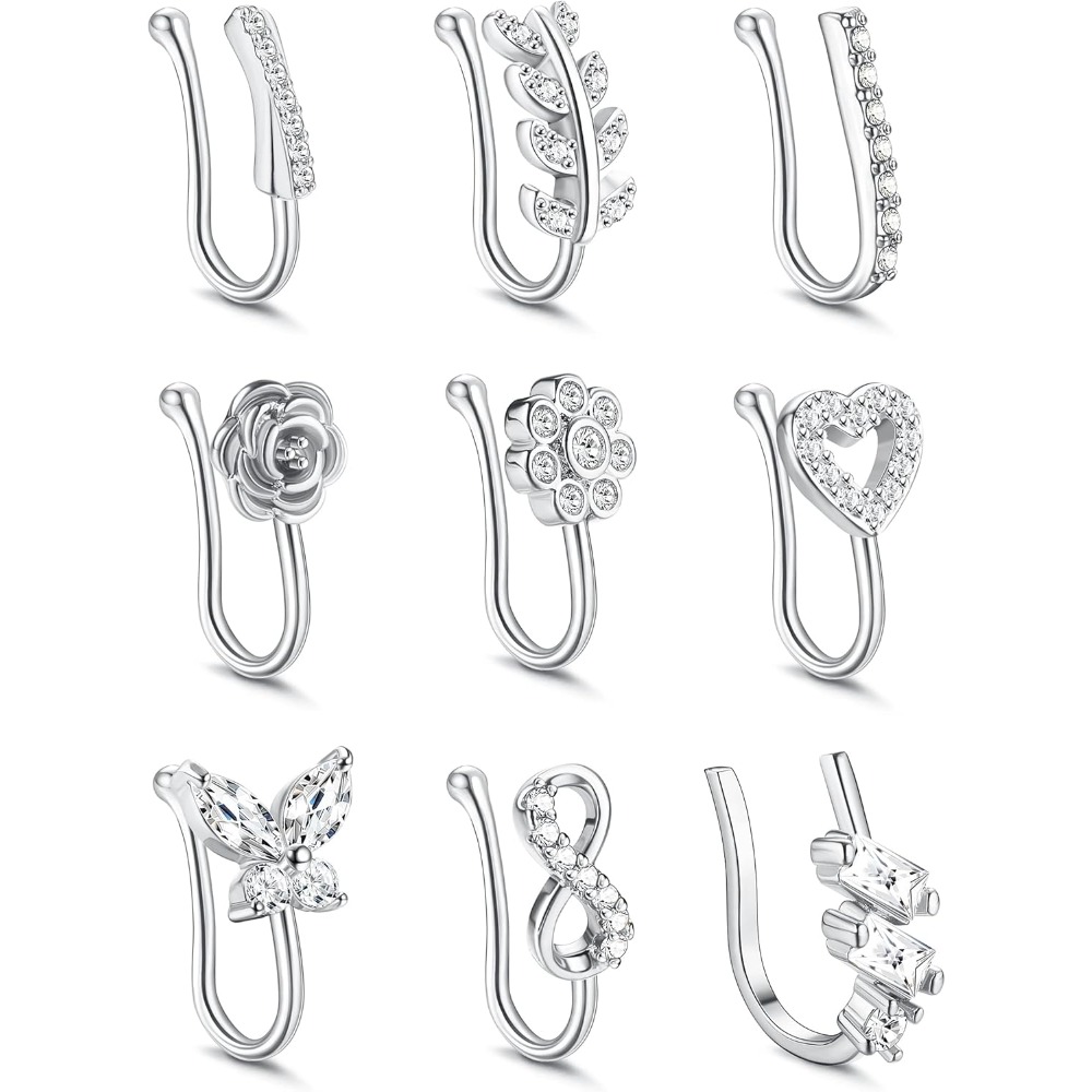 Image of 9pcs Fake Nose Rings Flower Clip-on Hoop Faux Nose Cuff Adjustable Non-piercing Jewelry For Women And Men