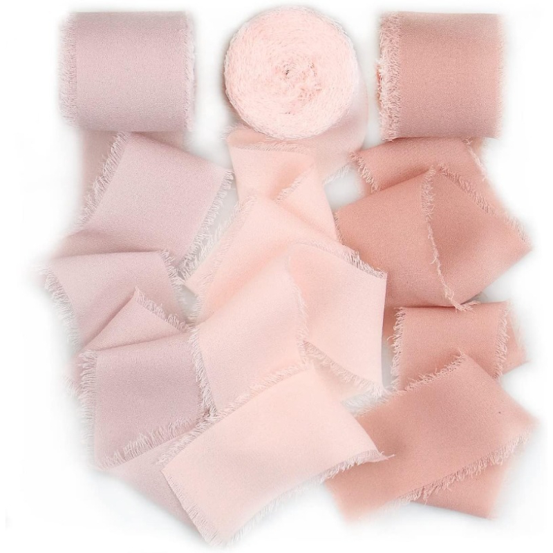 TEMU Set di 3 rotoli di nastro di chiffon rosa , nastro da 1,6 pollici x 17 iarde, nastro di chiffon con bordo sfrangiato a per bouquet da sposa, ,