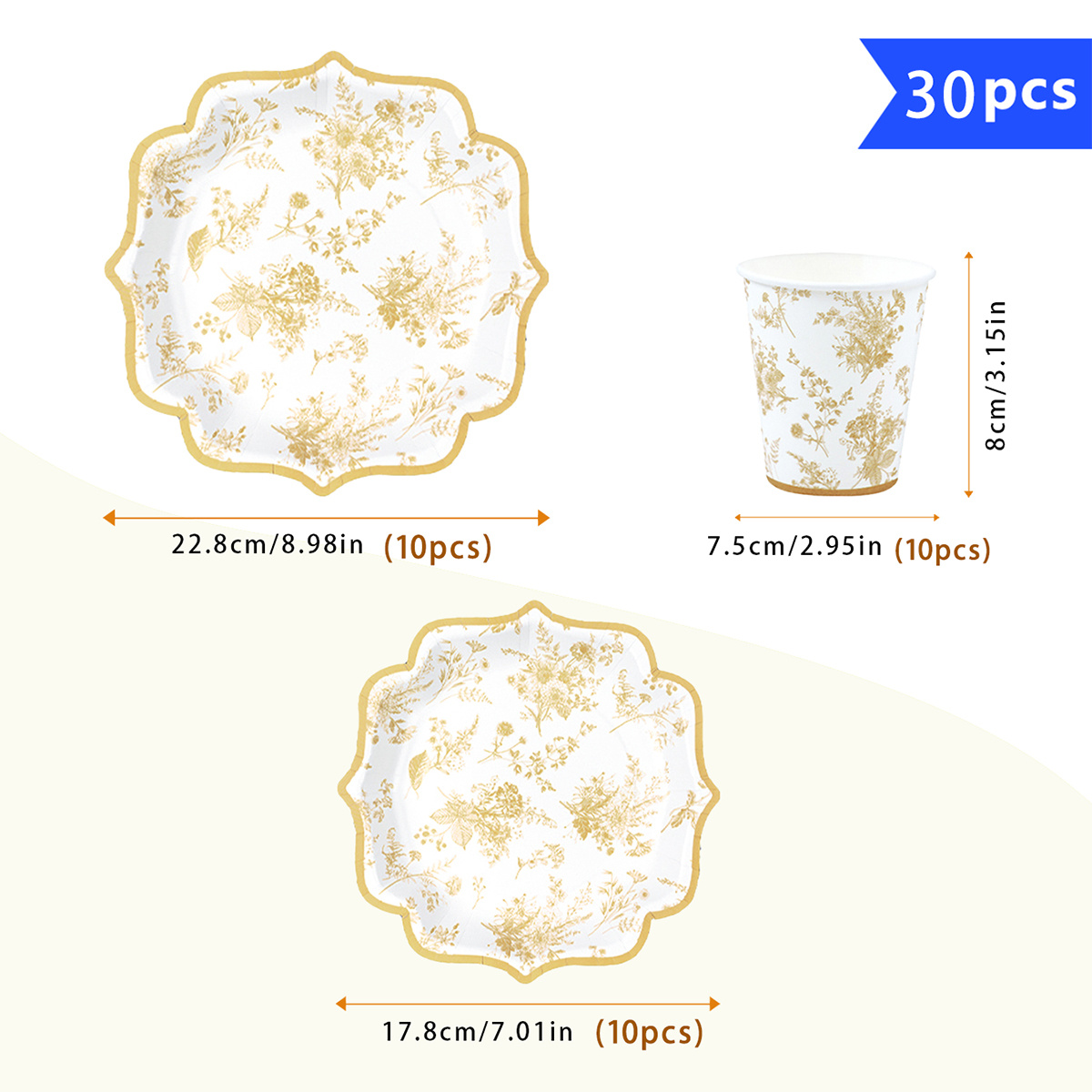 TEMU Service de table de fête vintage à dentelle florale et 30 pièces, comprenant 10 grandes assiettes en papier de irrégulière, 10 petites assiettes