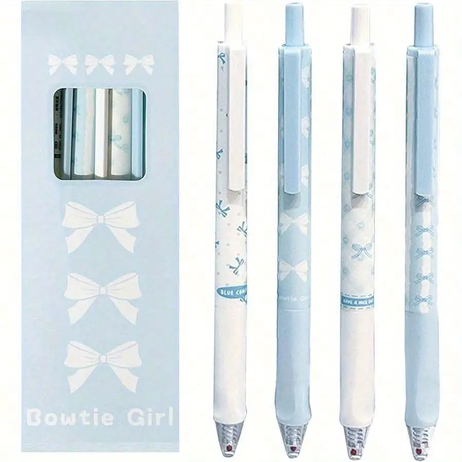 Image of 4pcs Retractable Gel Ink Pen Set, Black Ink, Office Essential, Sky , Stylish, Quick-drying, 0.5mm Tip, Smooth And Writing, Office And School Supplies, Practice Test Pen, New Year And Back-to- Gift
