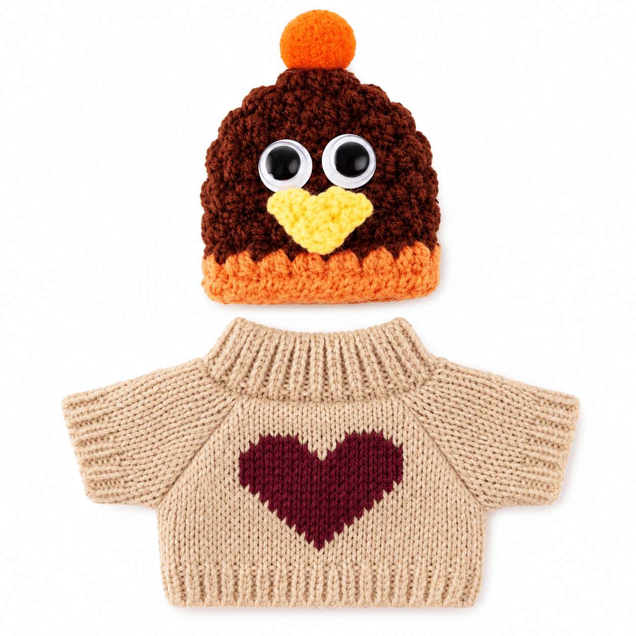 TEMU Thanksgiving Goose Statue Outfit For 7-inch Desk Goose, Turkey Knit Hat And Heart Sweater, Fall Tabletop Home Decoration Additions, Outfit ,