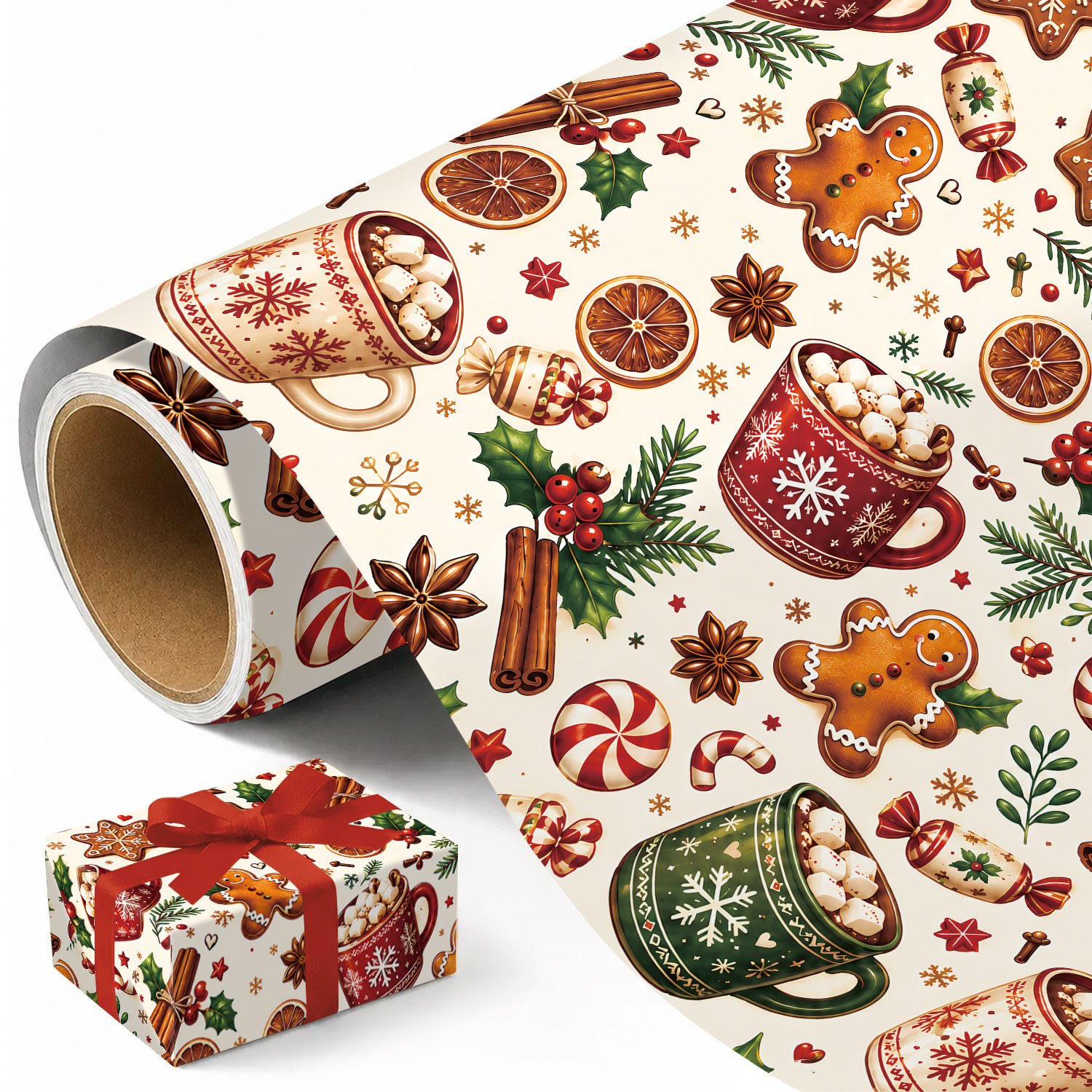 TEMU 1 Roll Vintage Christmas Wrapping Paper - Xmas Gingerbread, Candy Cane Pattern, Designs For Holiday - Measuring 45cm X 300cm (17.7in X 118in)