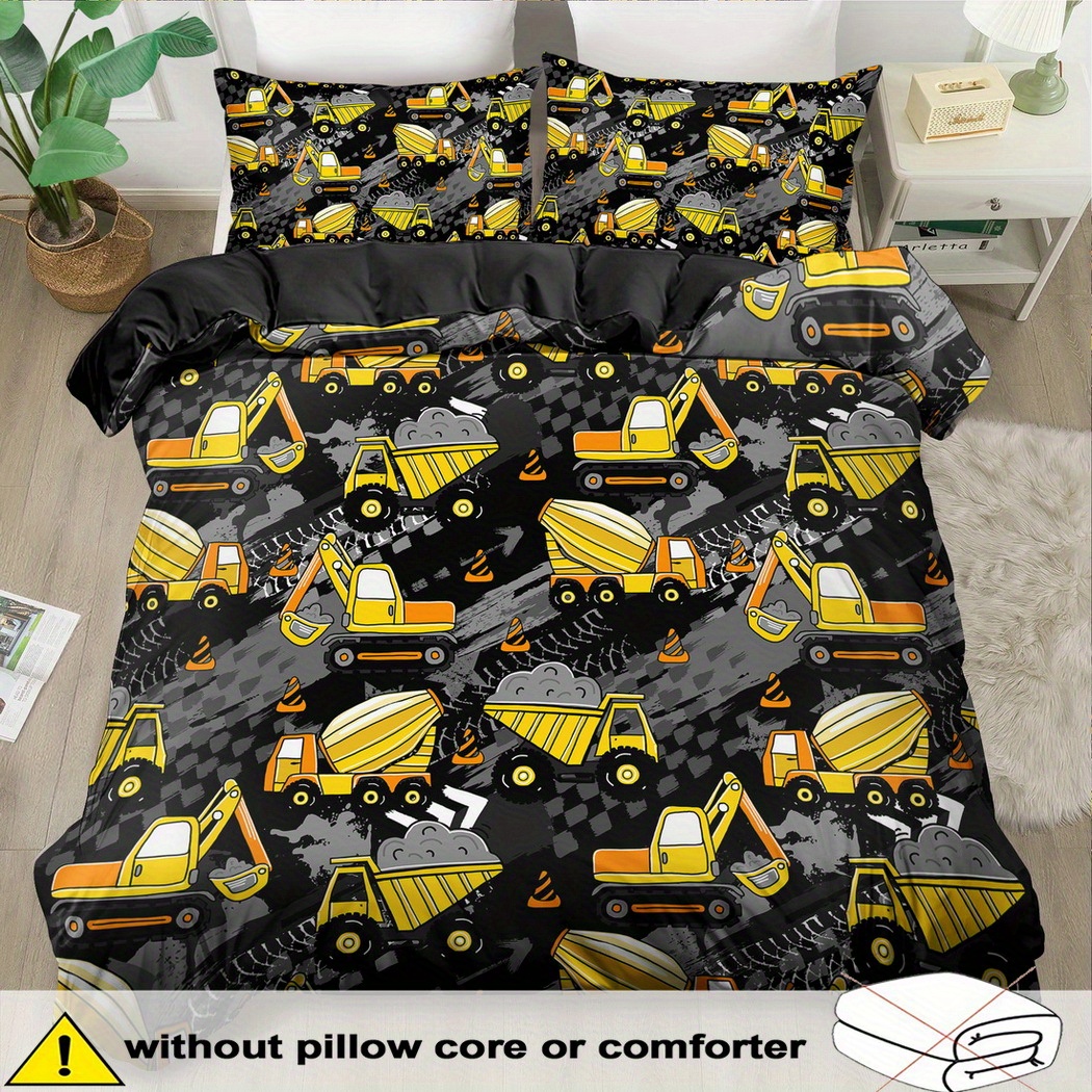 TEMU Construction Vehicle Pattern Duvet Cover Set - 2/3pcs, Soft Comfortable Breathable, Construction Vehicle Print Bedding Set, Construction Vehicle