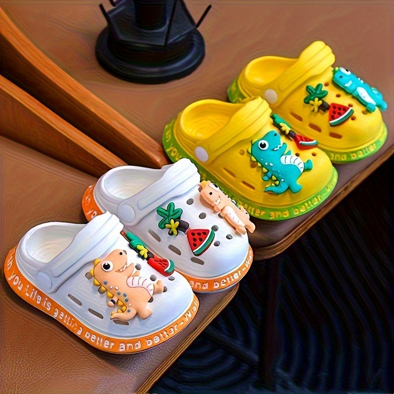 Kids' EVA Clogs with Cartoon Dinosaur Charms | Soft Sole Slip-On Sandals for Boys & Girls | Multi-Color Watermelon & Fruit Designs | Comfortable Indoor/Outdoor Footwear | Lightweight, Breathable Summer Shoes, Casual Children's Footwear | Cartoon Dinosaur Design | Comfortable Footwear