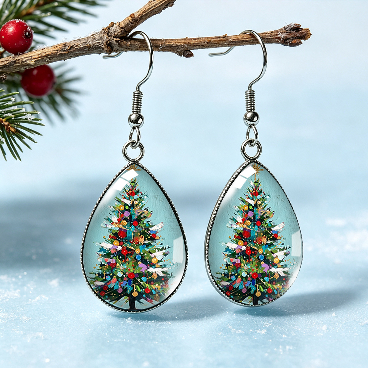 TEMU 1 Paire de Boucles d'Oreilles Pendantes en Acier Inoxydable Style Peinture à l'Huile Multicolore Motif Arbre de Noël Décoratif Bijoux de Fête