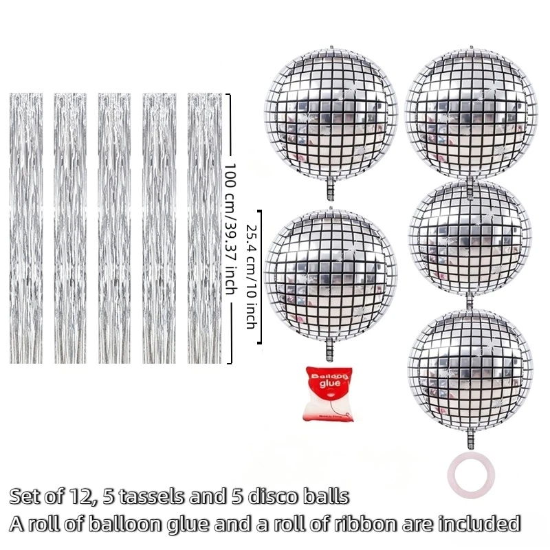 TEMU 12pcs Disco Ball Balloon Set With Silvery Tassels, 4d Mirror Metallic Foil Balloons, Hanging Party Decoration Additions For Themed, Birthday,