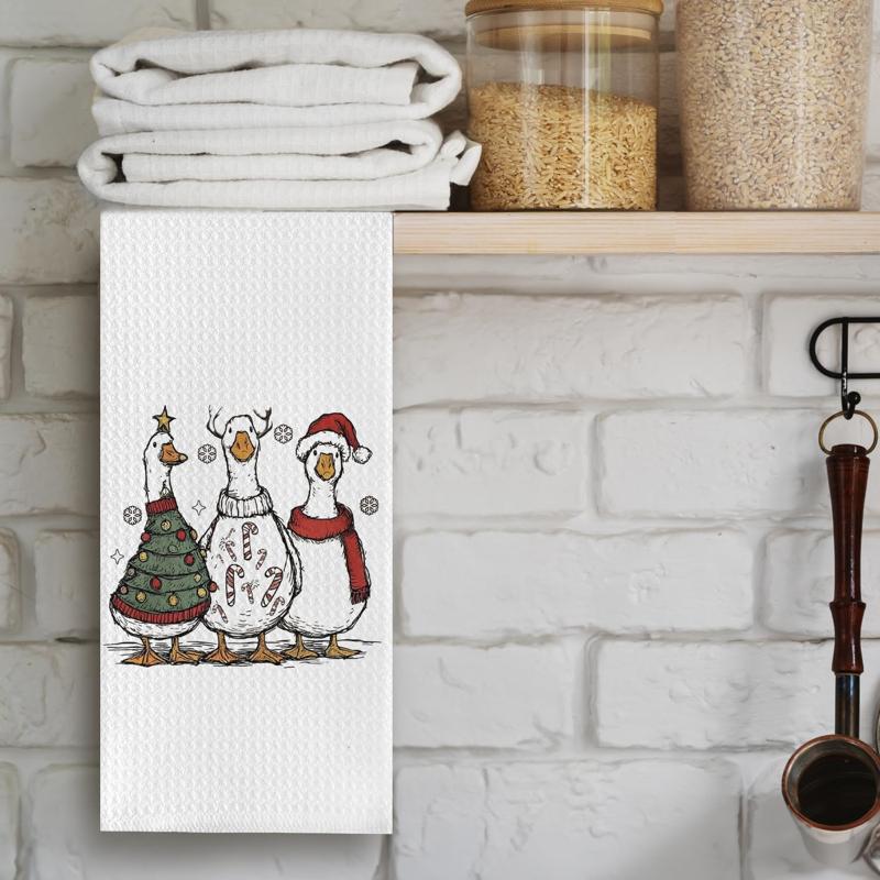 TEMU [jit]cleaning Cloth 1pc Kitchen Towel, Christmas Duck Trio Pattern, Best Kitchen Towel, Vibrant Colors, Super Absorbent , Winter Dining Table
