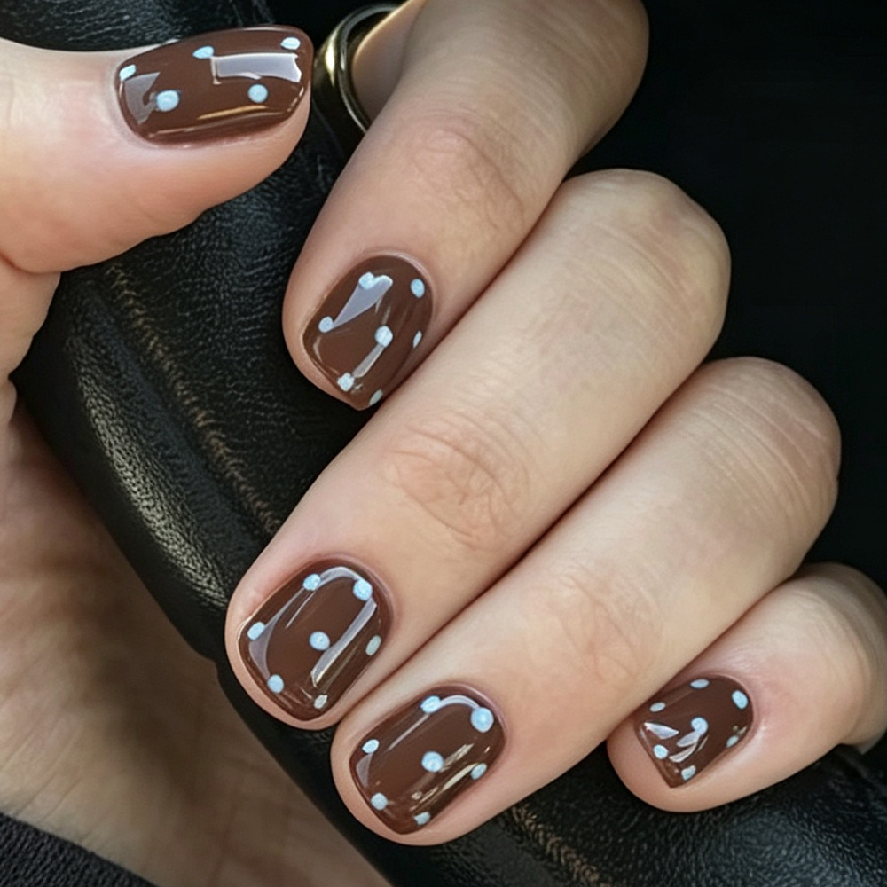 TEMU Enhance Your Beauty 30pcs Short Square Press-on Nails, Autumn/ Brown Base With Light Blue Polka Dots, Glossy Finish For A Brightening Effect,