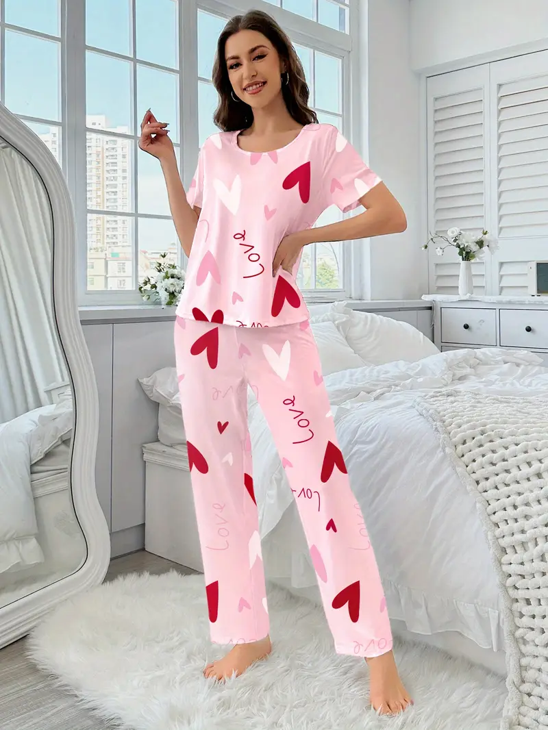 3 sets of 6pcs womens casual polyester white pink top and long pants pajama set heart print fabric short sleeve top with trousers casual loungewear sexy outside Product details 2