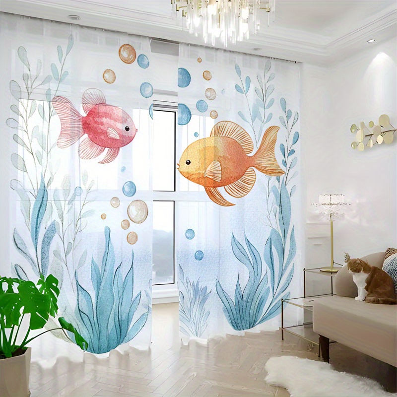 TEMU 2pcs Semi-sheer Watercolor Fish Curtains - Contemporary Design With Vibrant Goldfish & Aquatic Plants, 100% Polyester Light Filtering Drapes For