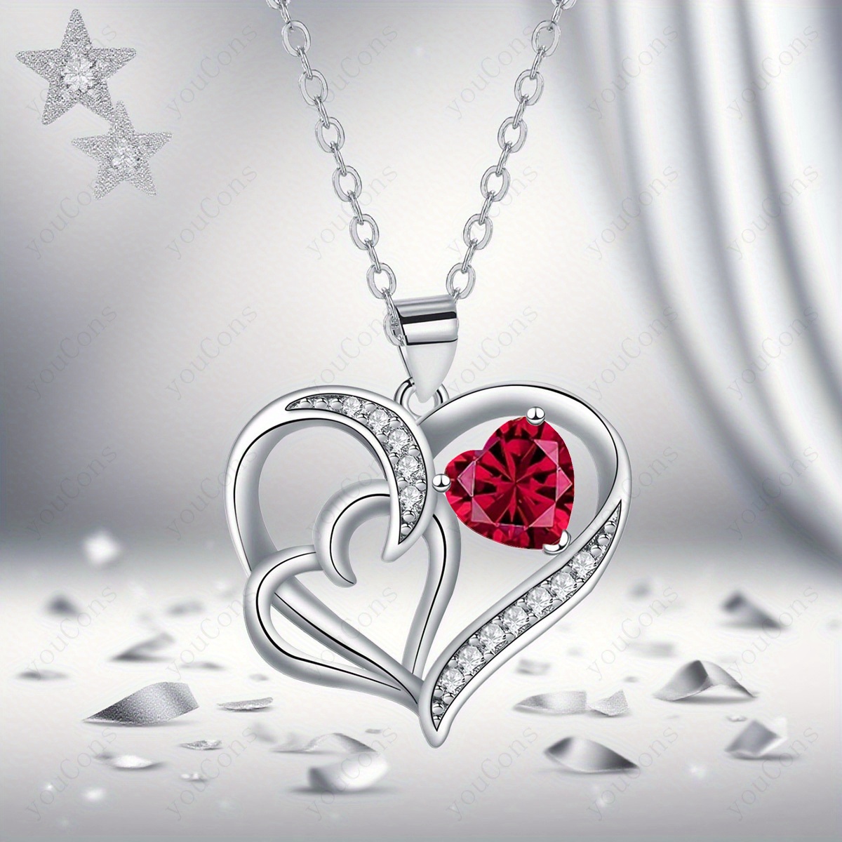 Red Synthetic Zirconia Double Heart Pendant Necklace Gift Set