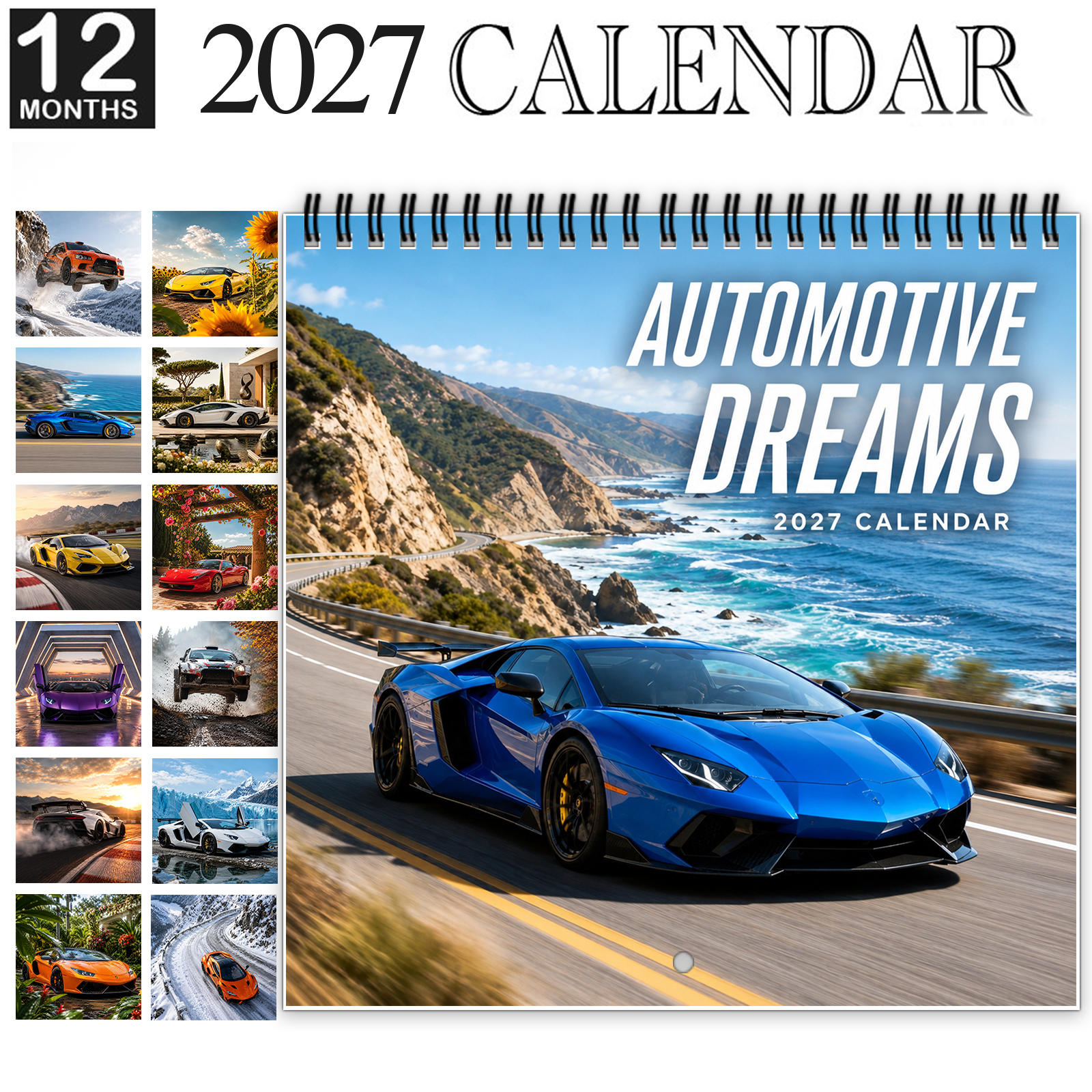 TEMU 1pc 2027 Automotive Wall Calendar, Spiral-bound 12-month Monthly Planner With Thick Glossy Paper, Displays Blue On , Dynamic And Hilarious
