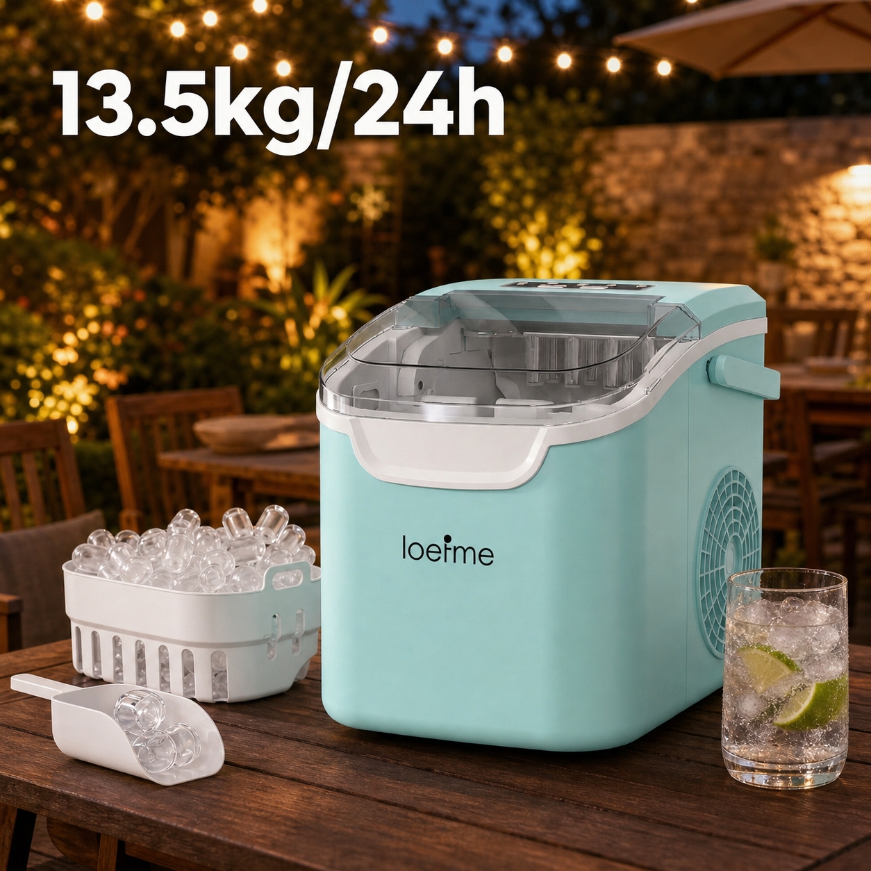 Image of Outdoor Portable Ice Machine | Mint Green Countertop Ice Maker With Handle | 13.5kg/24h, 8 Cubes In 6 | 0.8l Tank & Self-cleaning | Great For Bbq, Patio, Camping, Home & Small Parties