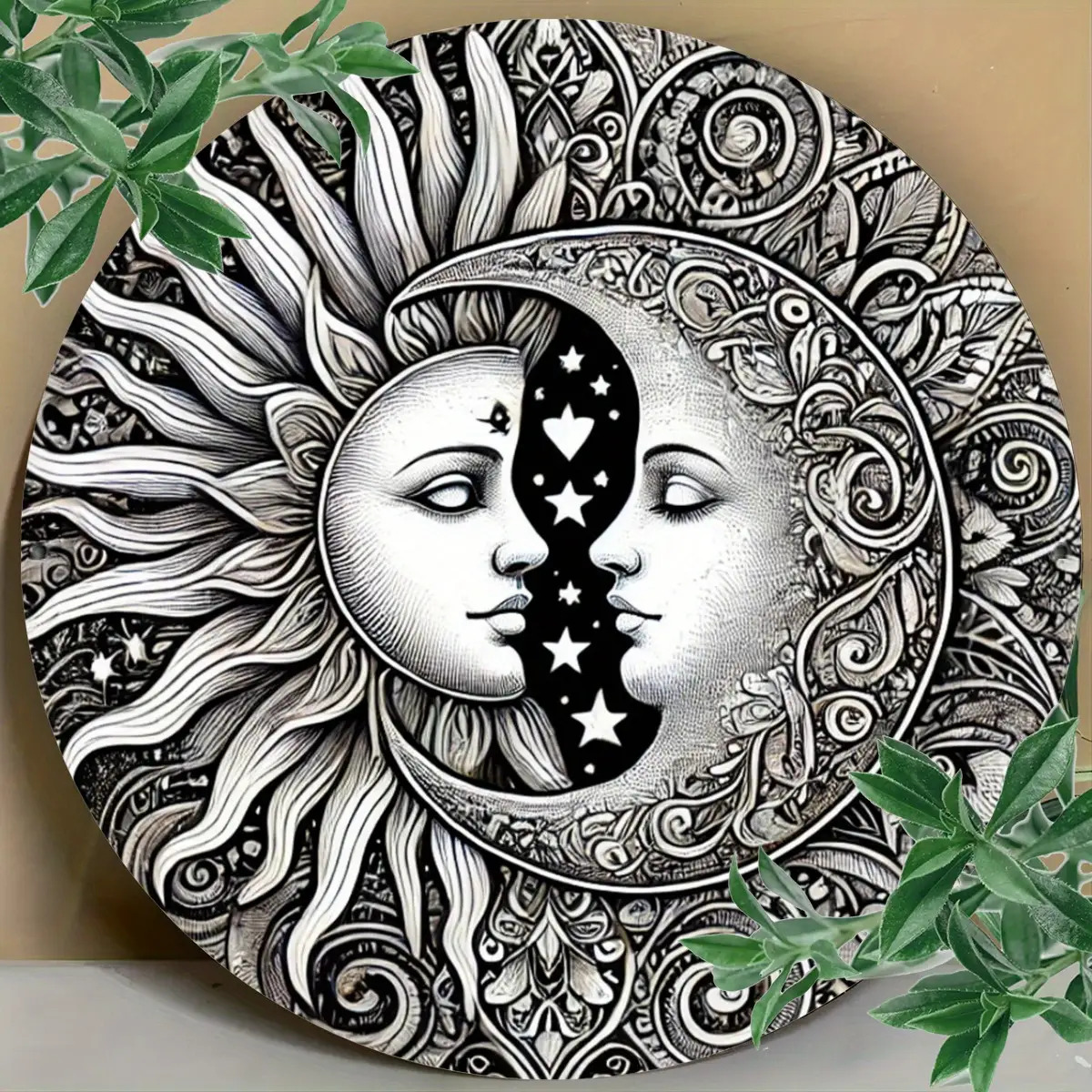 TEMU 2d Flat - Flat 2d Metal Wall Decoration, 1 Large Piece Of 7.8 Inch Sun And - And Celestial Sun And Faces With Hd Printing, Durable Iron