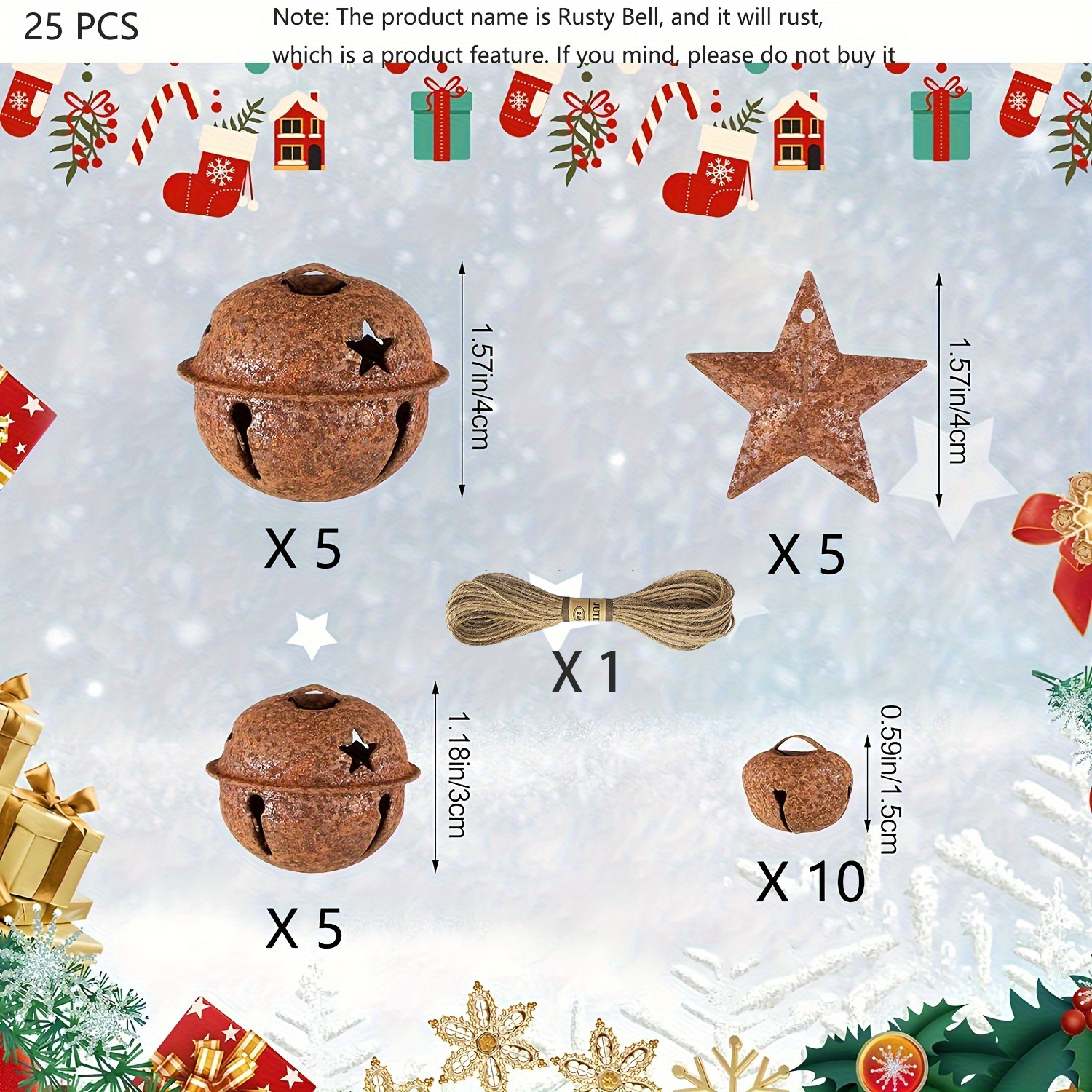 TEMU 25pcs Rusty Metal Jingle Bells With Mini Rusted Stars - Farmhouse Christmas Sleigh & Tree Decorations, Rustic Bell Sounds For Holiday Ornaments,