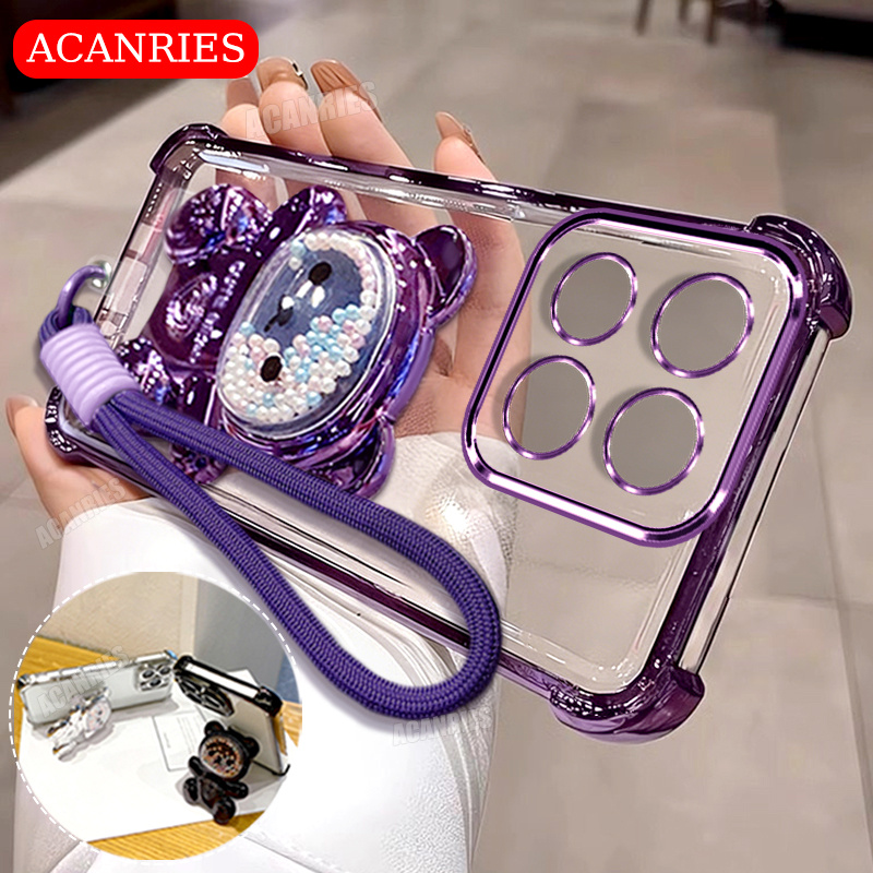 TEMU Phone Case: Acanries Cute Bear Holder Bracket Candy Color Lanyard Wrist Strap Plating Clear Shockproof Protective Soft Phone Case For Motorola