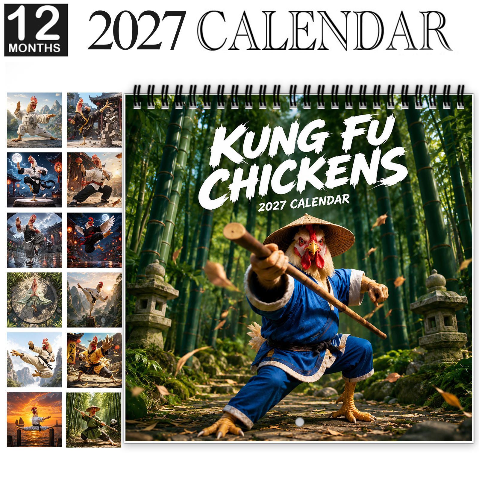 TEMU 1pc 2027 Kung Fu Chickens Wall Calendar, Spiral-bound 12-month Funny Rooster Calendar With Large Date Blocks, Features Hilarious Martial Arts