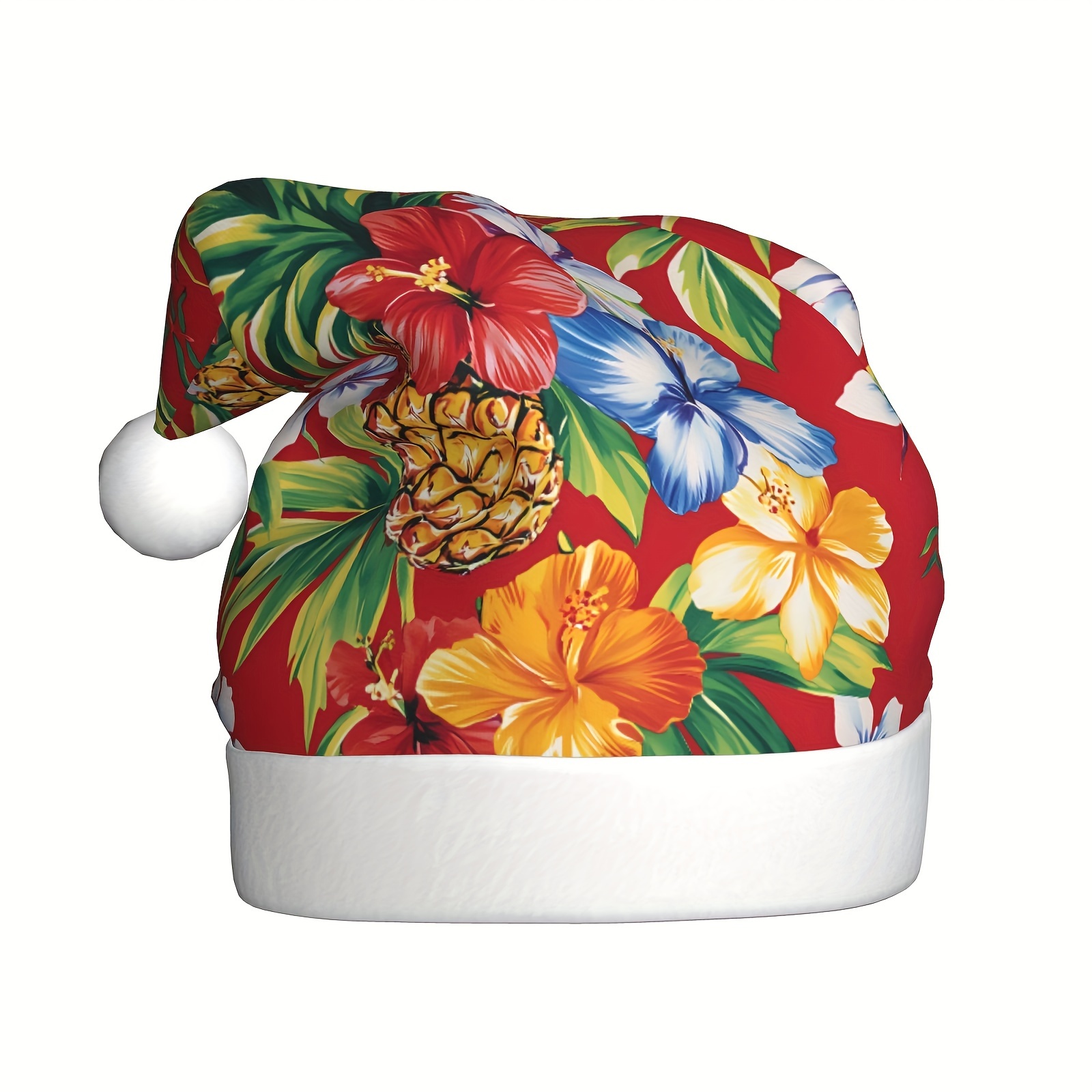 TEMU Unisex Pineapple & Tropical Flower Christmas Hat With Hawaiian Hibiscus/plumeria - Soft Red & Multicolor Party Cosplay Costume Accessory For &,