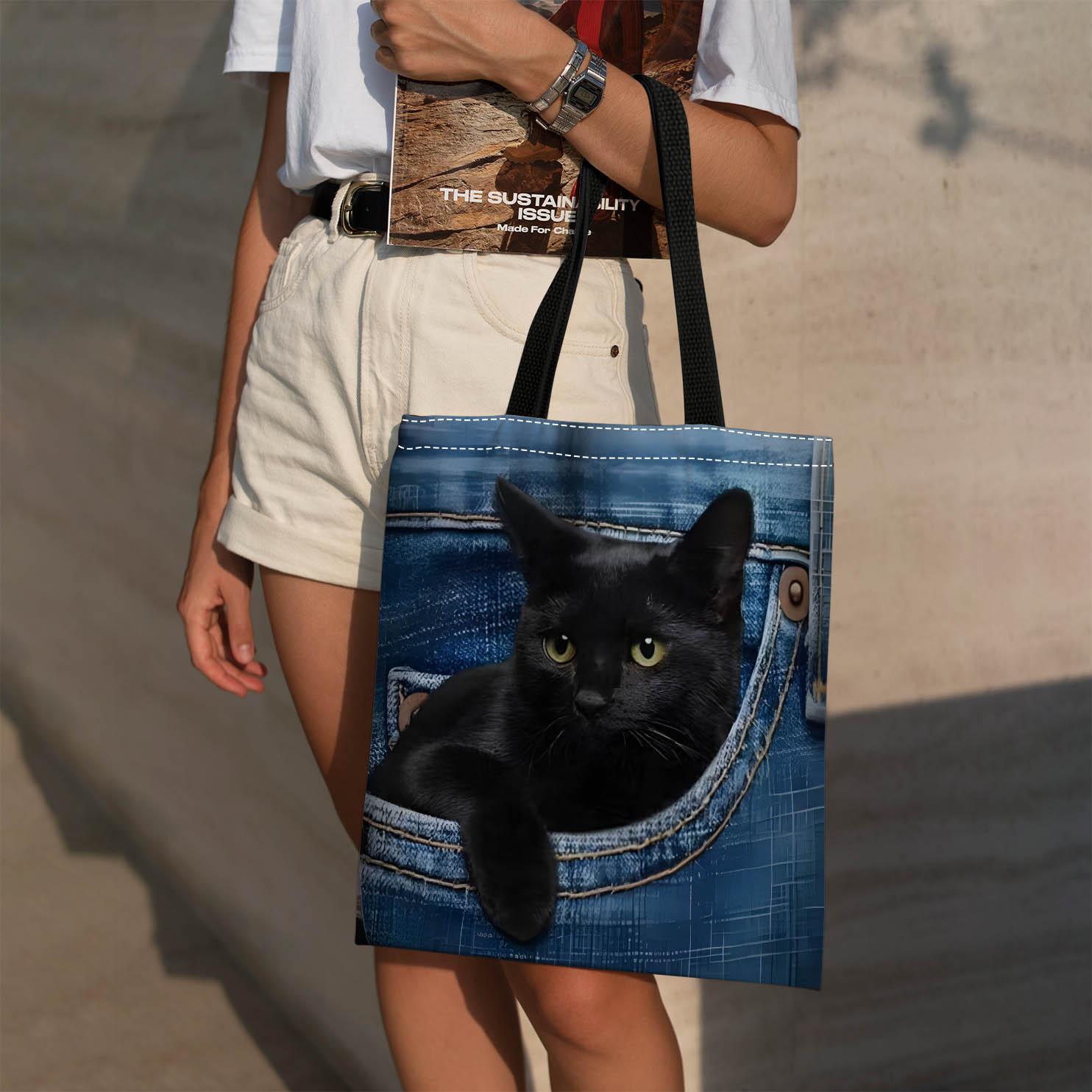 TEMU New Fashionable 1pc Black Cat In Jeans Pattern Bag With Print Handbag - Lightweight, Foldable Shoulder Bag, Ideal For Holiday Gifts - Suitable