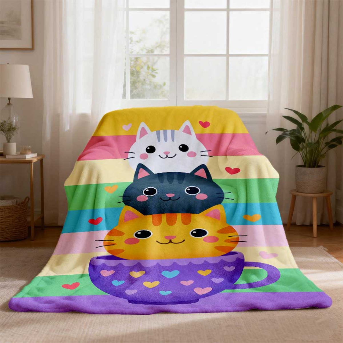 Manta de franela más reciente de 2026, 1 pieza, acogedora con estampado de gato de dibujos animados - Manta suave y cálida para toda estación con diseño de gatitos fantasiosos en tazas, rayas y corazones multicolores, ligera de 250-300 gsm para sofá, cama, coche, oficina, cámper