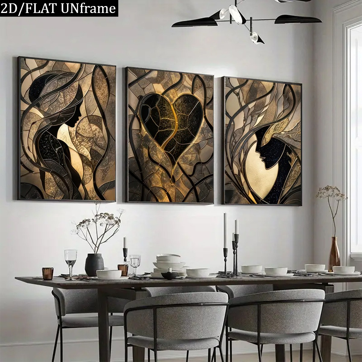 TEMU 2d Flat, 2d Flat, 2d/flat 3pcs Frameless Canvas Art, Vintage Romantic Black And Golden Romantic Couple Canvas Art Set - Modern Abstract Heart