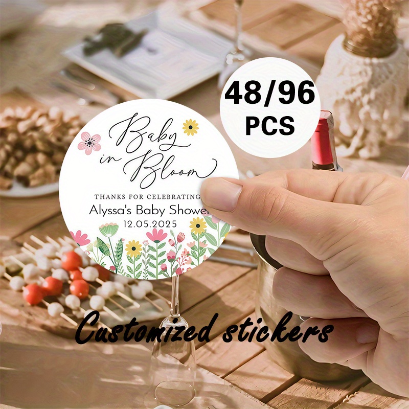 TEMU Personalized Round Stickers For Baby Showers, Available In Sets Of 48 Or 96, Featuring A Floral 'baby In Bloom' Design. Party Decorations, Event